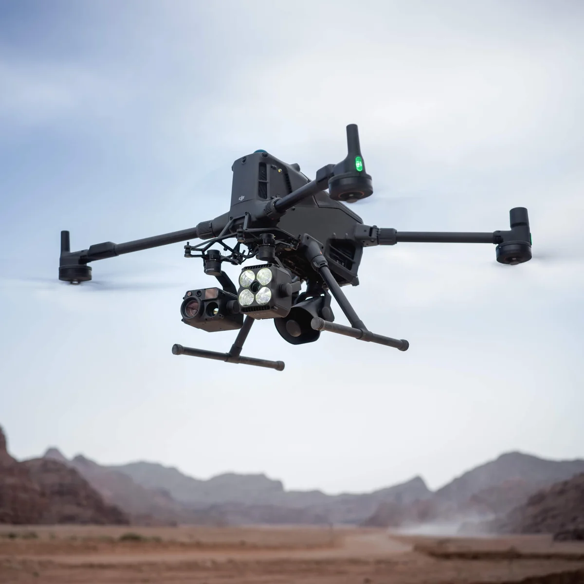 Professional drone flying outdoors during an aerial operation