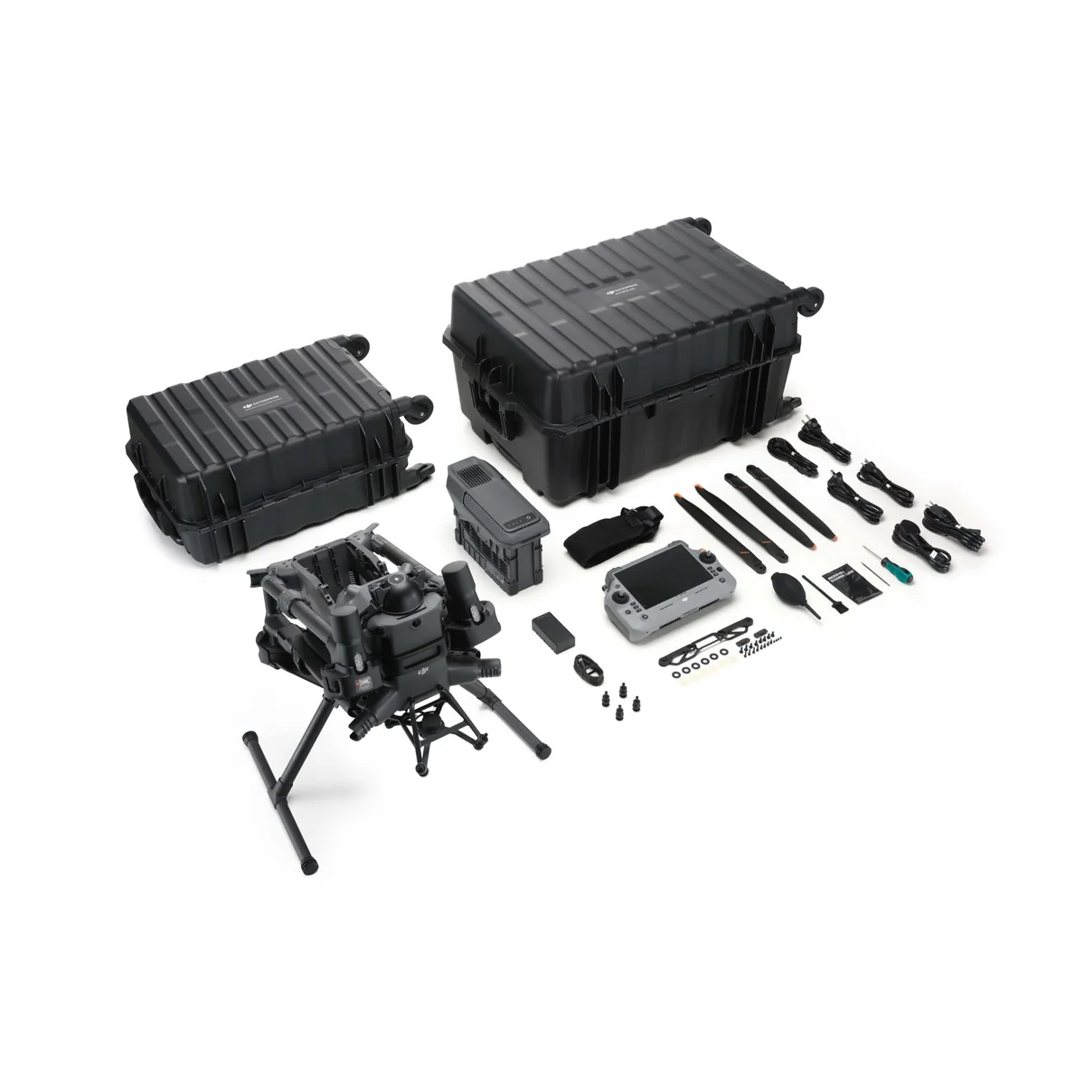 Professional drone kit with camera, batteries and accessories